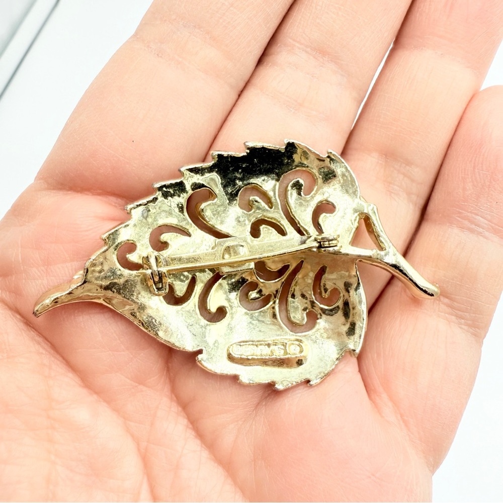 Gerry’s Vintage Gold Tone 3 Brooch Sets Lizard Leaf Floral Rhinestone Pearl Pins - Picture 6 of 13